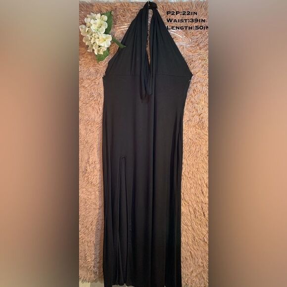 SHEIN S:XXL Black Long Halter Dress With Slit & Rhinestone Link adjustable Belt - Picture 7 of 9